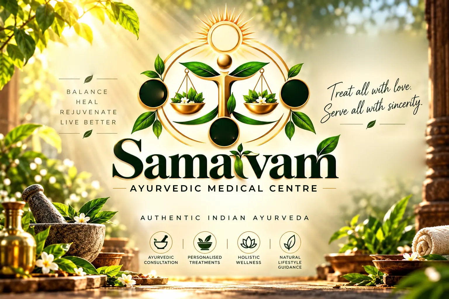 Samatvam Ayurvedic Medical Centre: a gold balance with green leaves above the Samatvam name, with the words Balance, Heal, Rejuvenate, Live Better